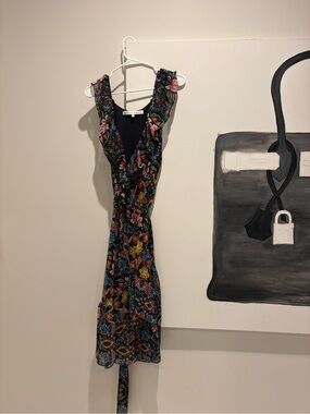 Rebecca Minkoff Black Floral Wrap Midi Dress with Pink, Yellow & Blue Accents